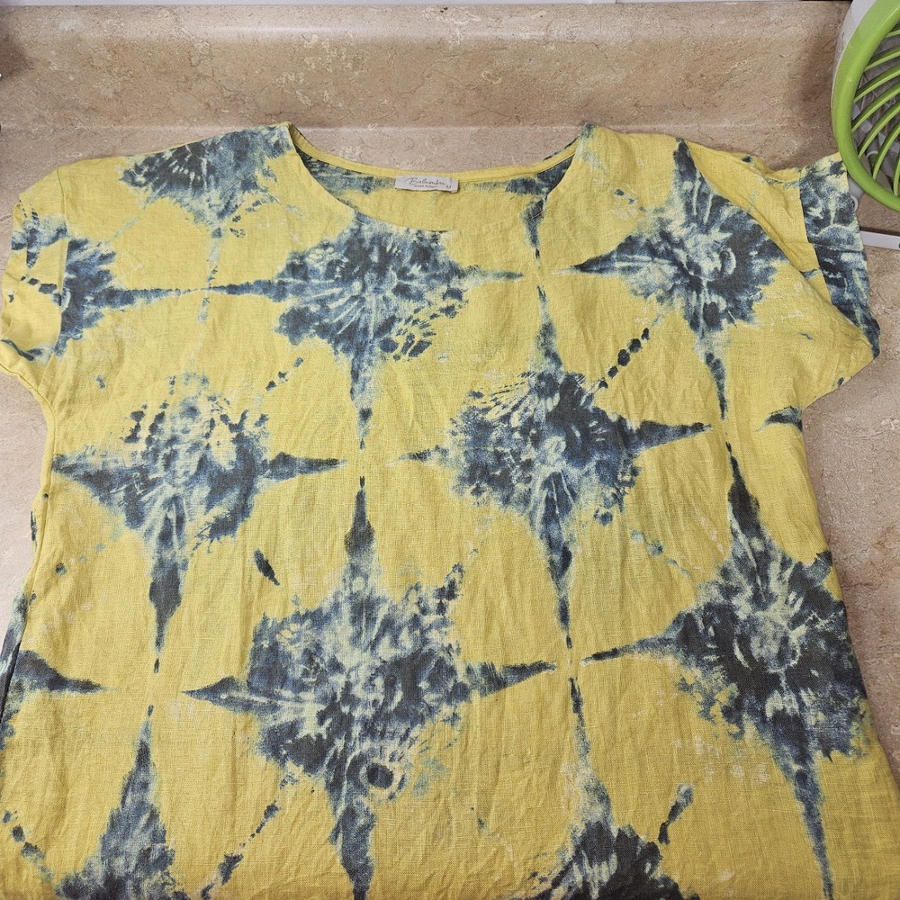 100% Linen Top L Floral Boxy Yellow Short Dolman Sleeve Made In Italy Lagenlook